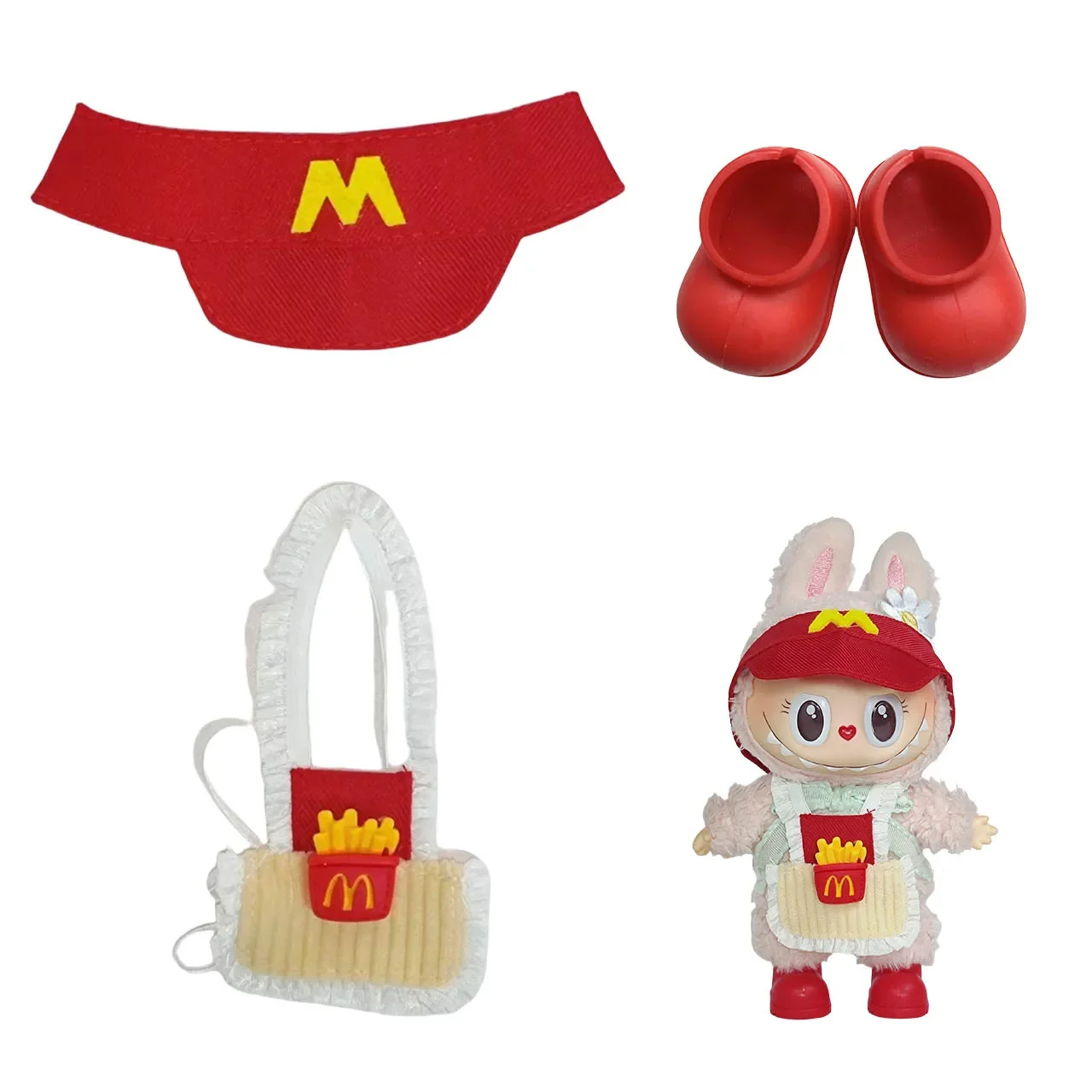 

Одежда для куклы Labubu 17 см — фартук с картофелем фри, шляпой M и аксессуарами | Милый наряд для подарка куклы Labubu