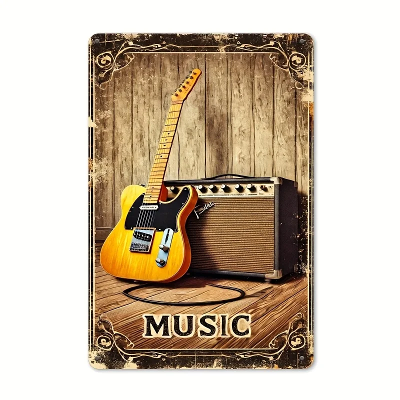 Printed Rectangular Metal Sign, Music Sign, Guitar Theme, Iron , Vintage Metal Iron Sign, Vintage Plaque Decorative Mural, Fe