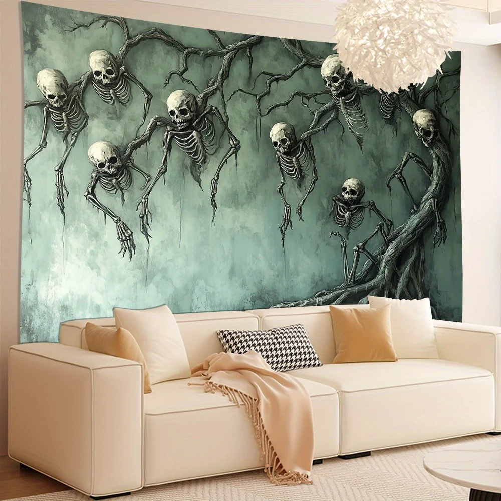 Spooky Skeleton Tapestry with a Haunting Design of Skeletons Emerging from the Wall, Perfect for Halloween Decor or Adding