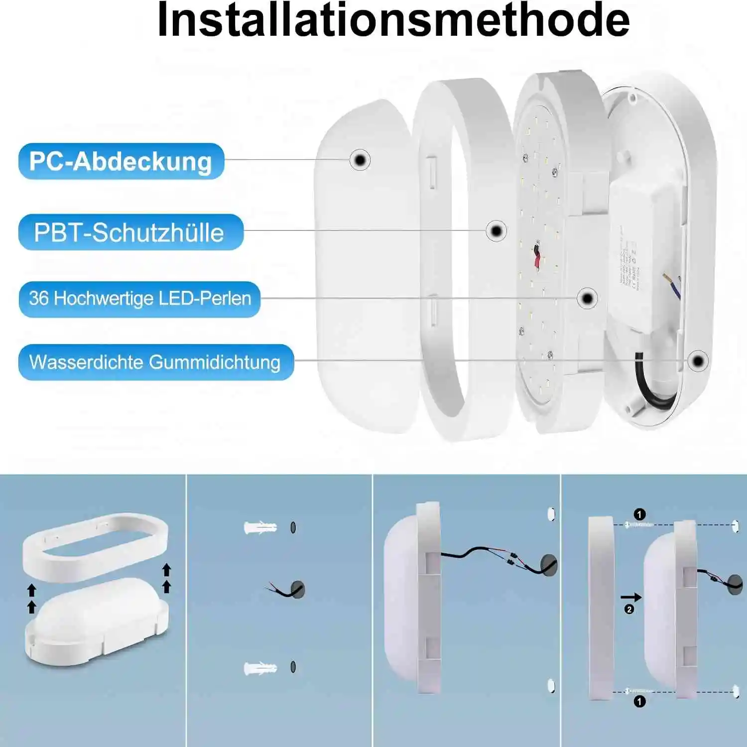 LED-Wandleuchte 12 W mit Radar-Bewegungsmelder und Dämmerungssensor, 1080 lm IP65 Nassraum-Deckenleuchte für Flur, Garage, Balkon – Detail 3