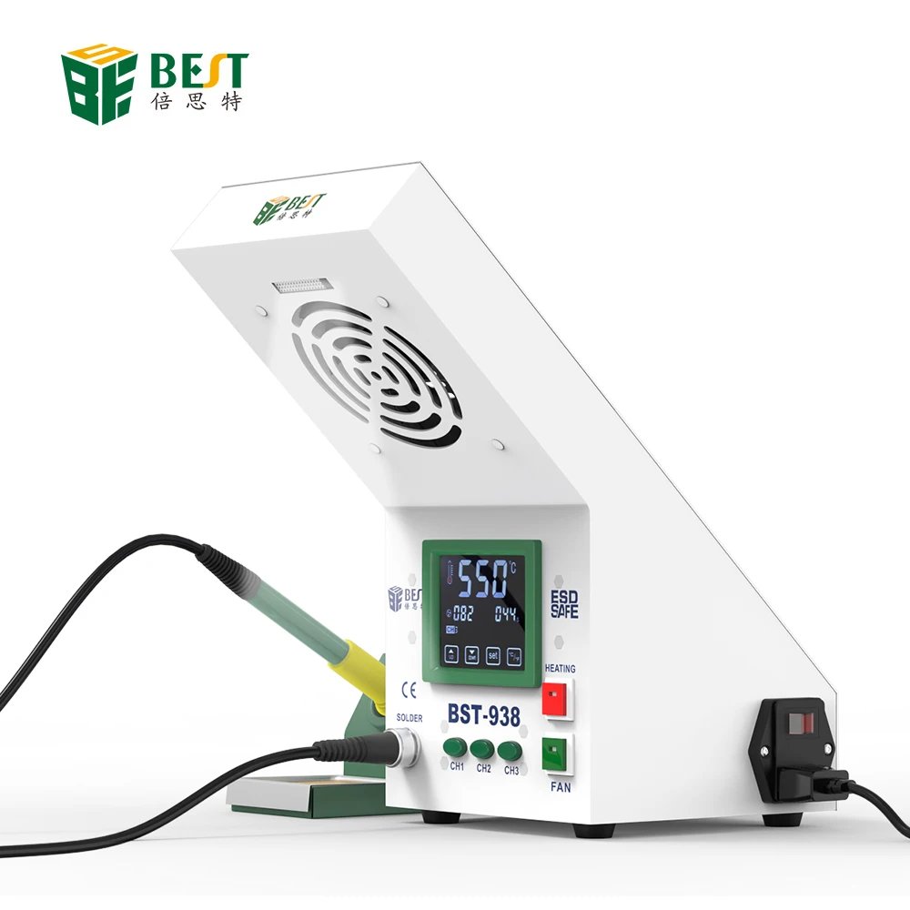 

BEST 938 NEW 220V 110V 3 in 1 LED Light Touch Screen Soldering Smoke Absorber Soldering Iron Station