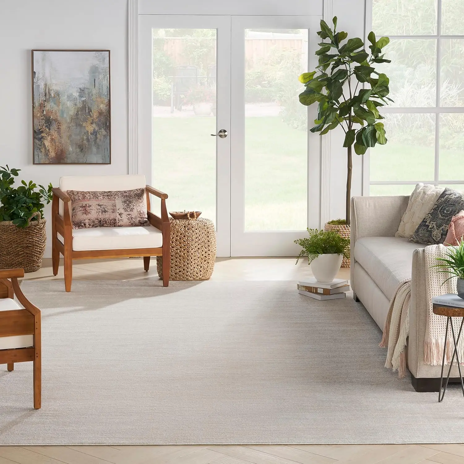 Indoor/Outdoor Ivory Beige 12' x 15' Area-Rug, Easy-Cleaning, Non Shedding, Bed Room, Living Room, Dining Room, Backyard