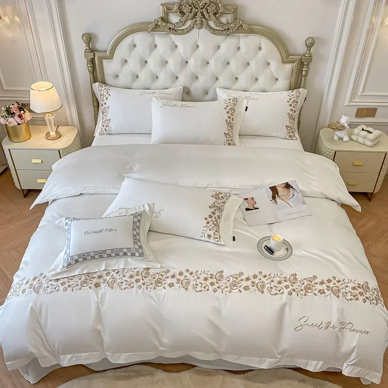 New Luxury Golden Brown Flowers Embroidery Bedding Set 1000TC Egyptian Cotton Duvet Cover Set Elastic Band Bed Sheet Pillowcases