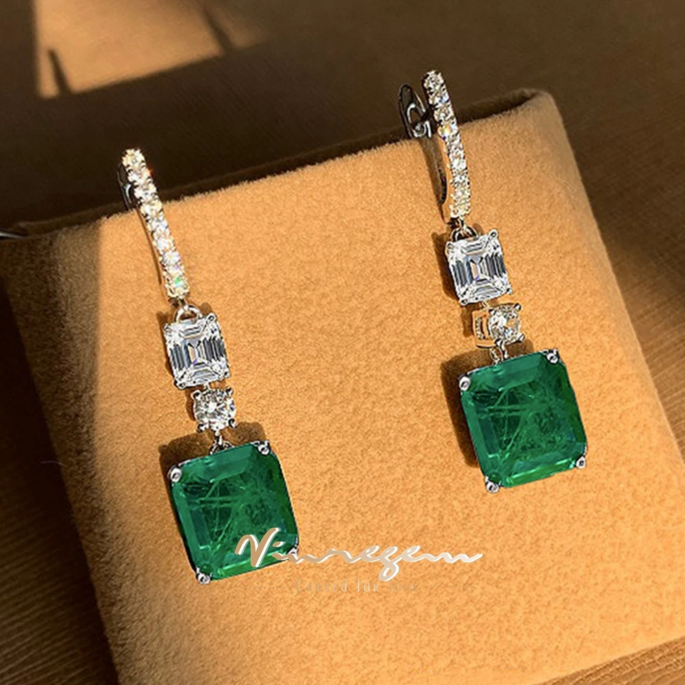 

Vinregem 10*11MM Lab Emerald Paraiba Tourmaline Gemstone Drop Dangle Earrings for Women Vintage 100% 925 Sterling Silver Jewelry