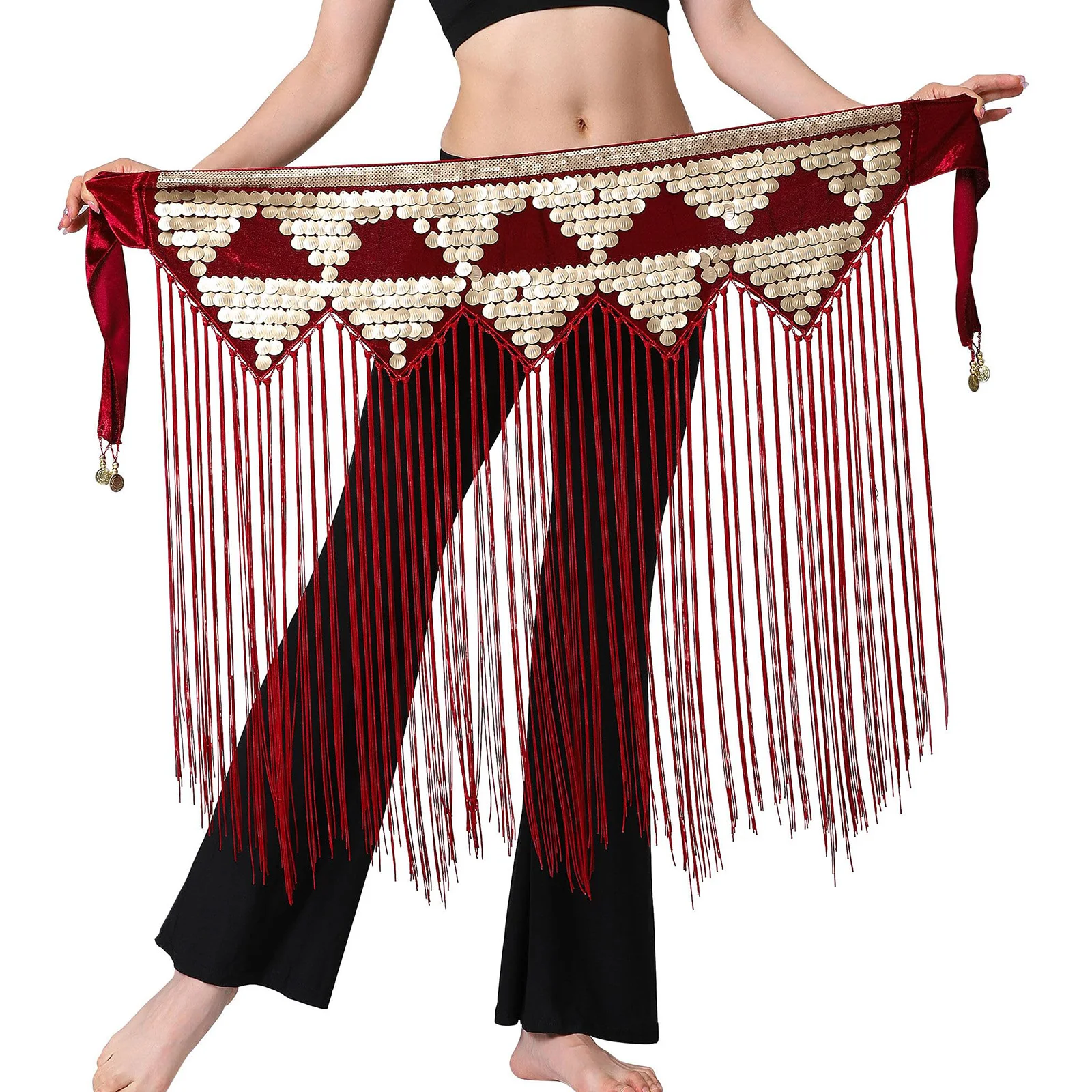 Feminino dança do ventre longo borla hip cachecol lantejoulas franja cachecol envoltório saia rave festival traje para dança wear acessórios cinto