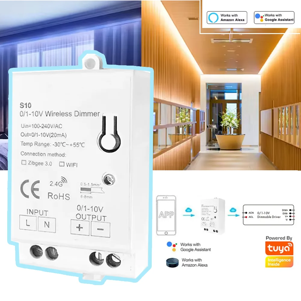 

Контроллер светодиодного диммера Zigbee 3,0 0-10 В 1-10 В, драйвер светодиодного освещения, беспроводное управление, приложение Tuya/голосовой умный переключатель для Alexa GoogleHome