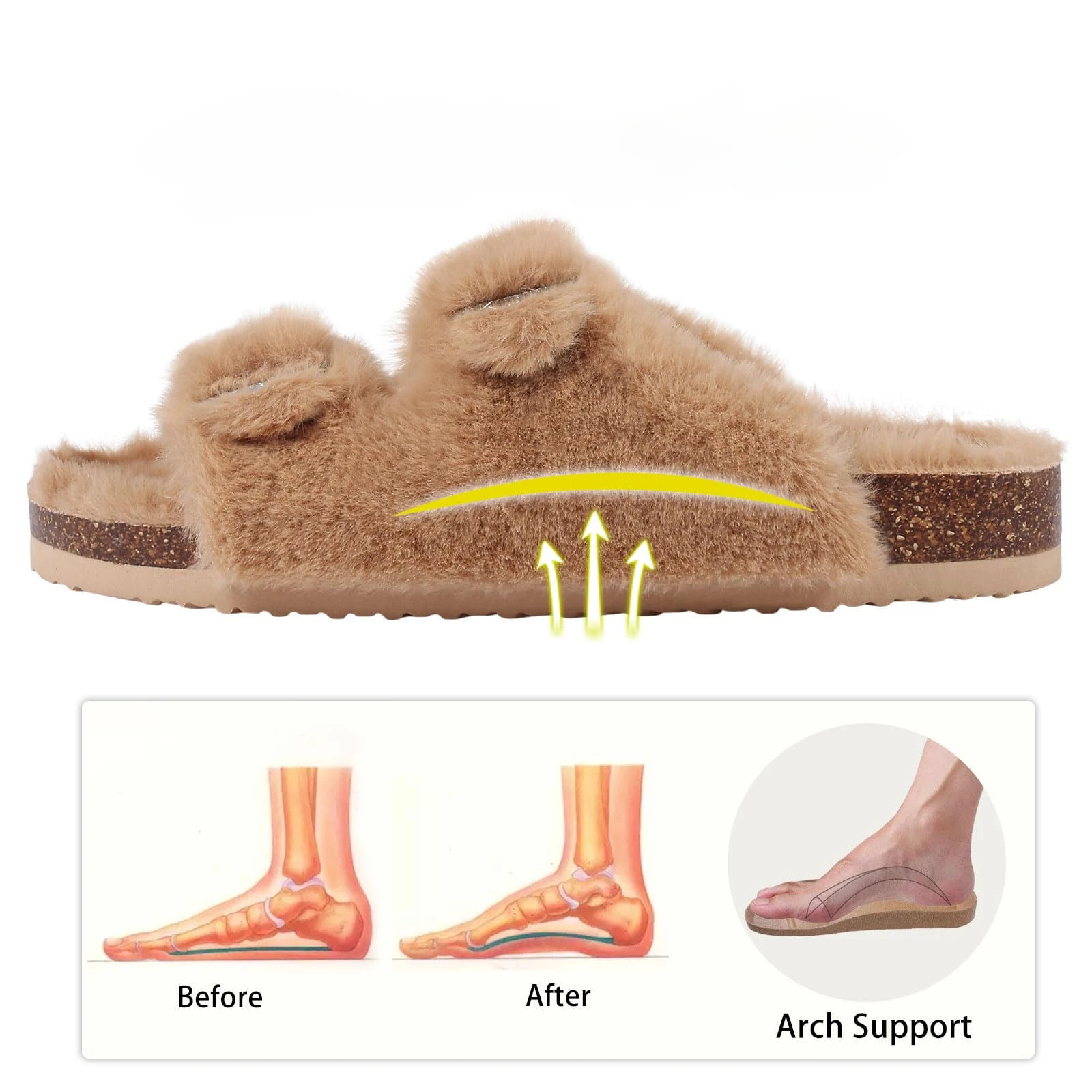 Furry Warm Cork Slippers Women Winter Fluffy Slides Sandals Soft Home Women Slippers With Arch Support Adjustable Buckle