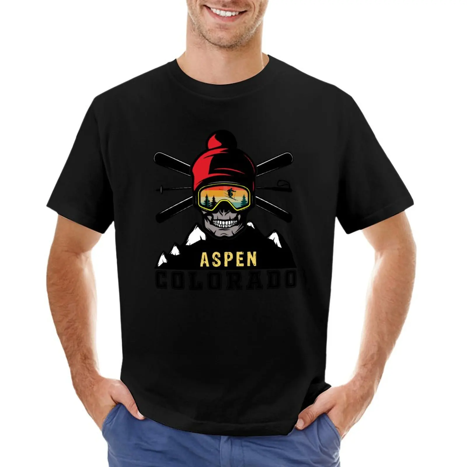 Aspen skiing colorado skull vintage retro sunset T-Shirt customs vintage fitted t shirts for men