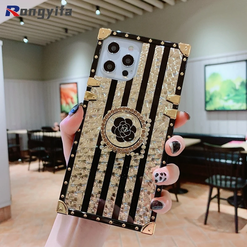 Luxury Square Glitter Retro Camellia Phone Case For Honor 50 30 V30 20 Pro 30S 9X 8X 20i 10i Fashion Diamond Ring Silicone Cover