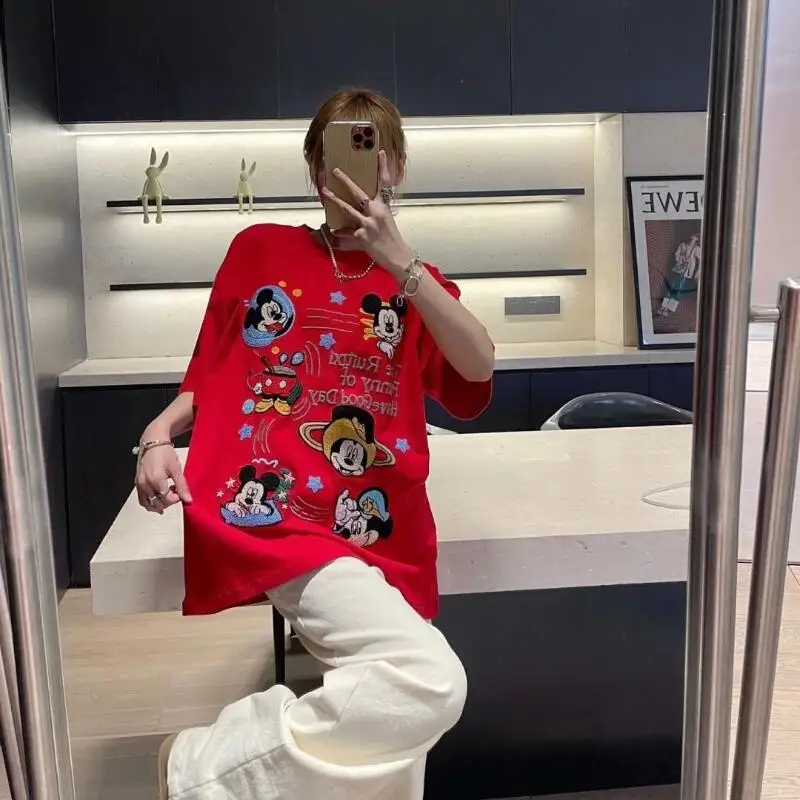 

Модная новинка: Женская футболка с коротким рукавом, полностью расшитая стразами, с мультяшным принтом, свободного кроя, омолаживающая, топ-пуловер