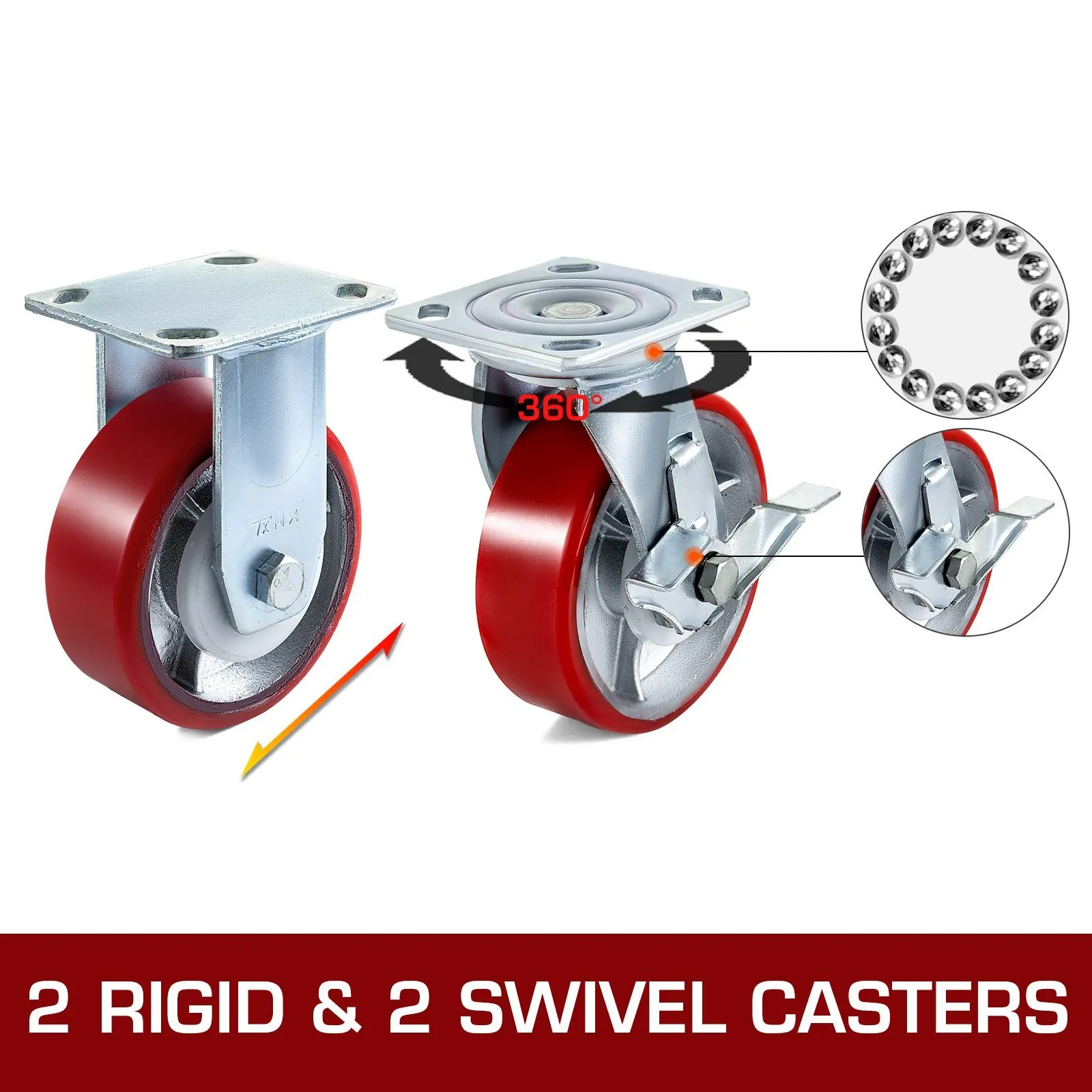 4 Pack 6 x 2 Inch Caster Wheels 2 Rigid and 2 Swivel Casters with Side Brake Polyurethane Iron Core Plate 1000LBS Capacity