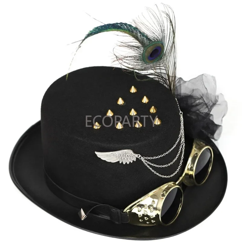 Retro Gothic Men Steampunk Period Crow Hat Cosplay Halloween Women Gear Feather Nonwoven Mini Hat Magician Hat Stage Performance