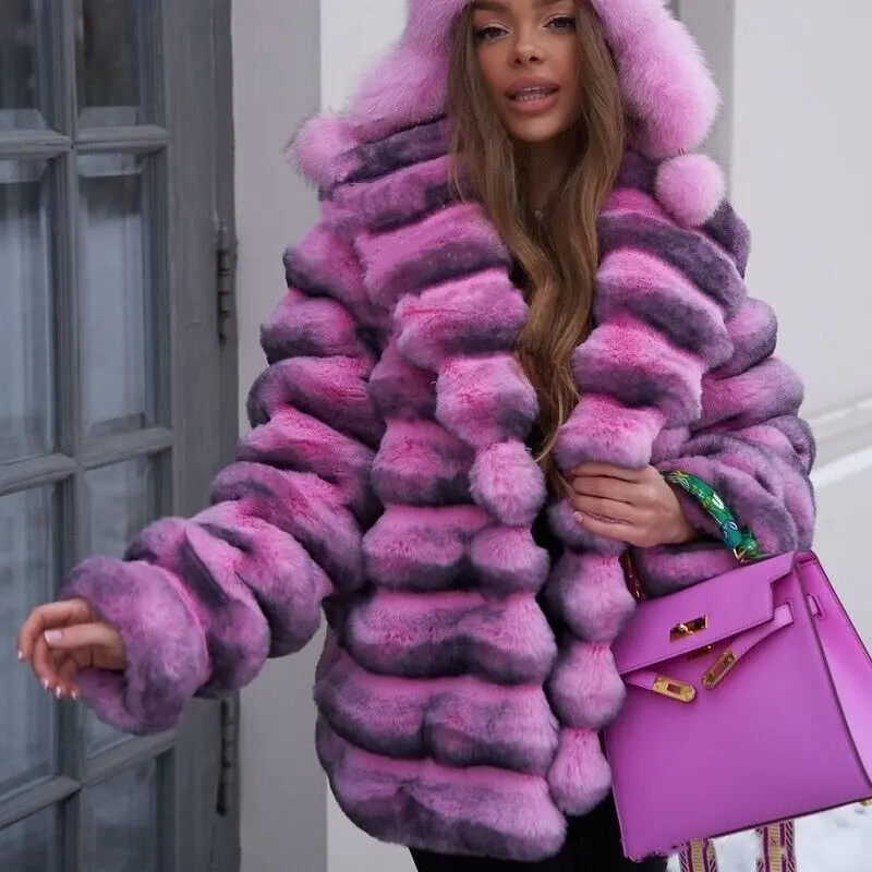 Women Natural Rex Rabbit Fur Coat Winter Warm Chinchilla Jackets Outwear Fashion Luxury Real Fur Thick Overcoat