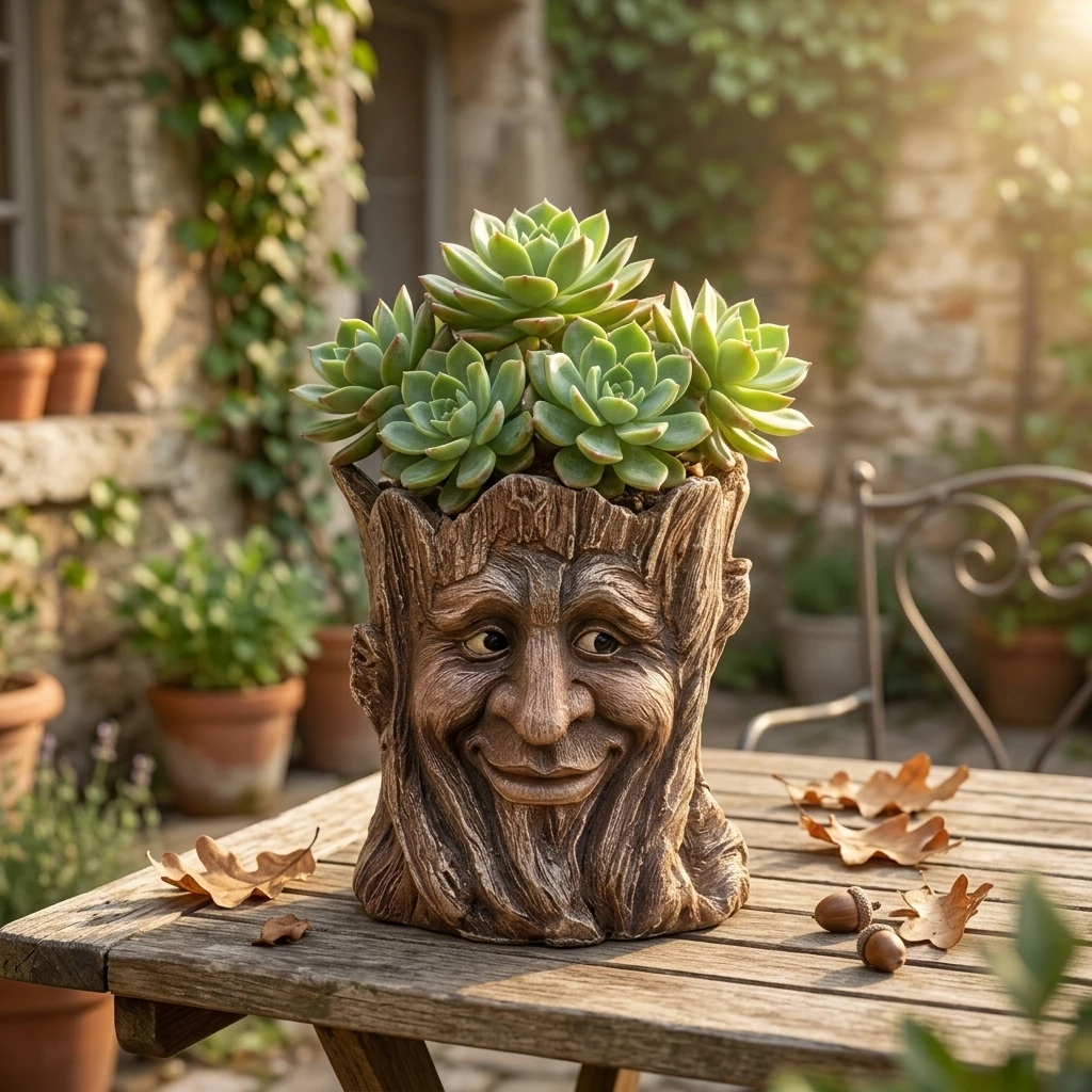 Resin Tree Stump Elderly Face Planter Pot for Home Garden Decoration