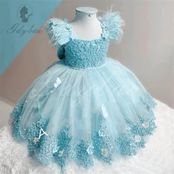 Pearl Baby Kids Tulle Birthday Party Flower Girl Feather Dresses Long Butterflies Pearl Pageant Bow Communion Gown