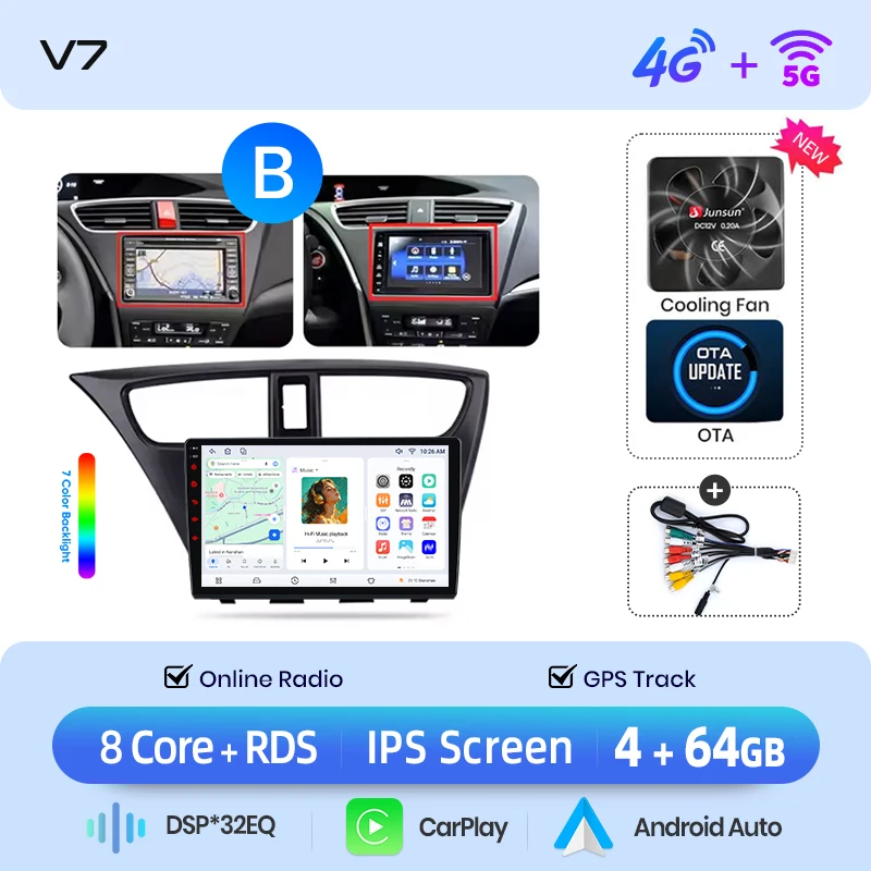 Junsun draadloze CarPlay Android Auto autoradio voor Honda Civic Mk9 (FK/FB) 2011-2017 met ingebouwde koelventilator, Android GPS navigatie, multimediaspeler, WiFi, DSP, RDS, BT, SWC, IPS touchscreen,