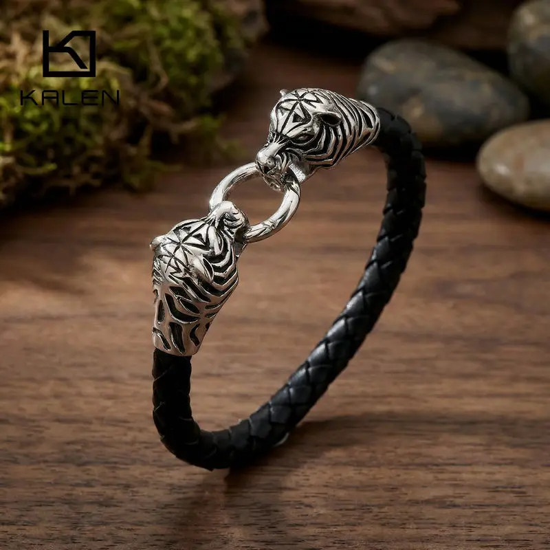 KALEN Black Cowhide Genuine Leather Bracelet For Men Tiger Jewelry - KB19299