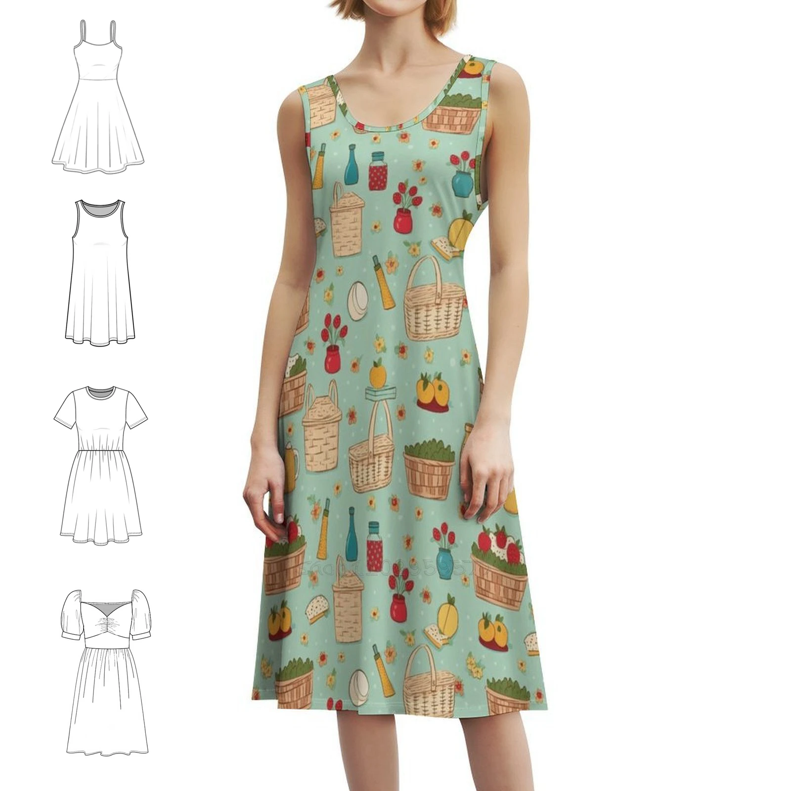 دعونا نذهب على نزهة فستان بوهيمي بدون أكمام متعدد المطبوعات لقضاء العطلات على الشاطئ فستان حفلات نزهة طعام فراولة حقل أخضر #1