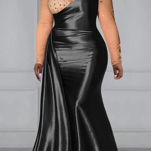 Plus Size Night Kleider Mock Hals Langarm Perforation Mermaid Satin Maxi Kleider elegante Hochzeitsfeier Gala 10 Hauptverkaufskleid für Gala - №8
