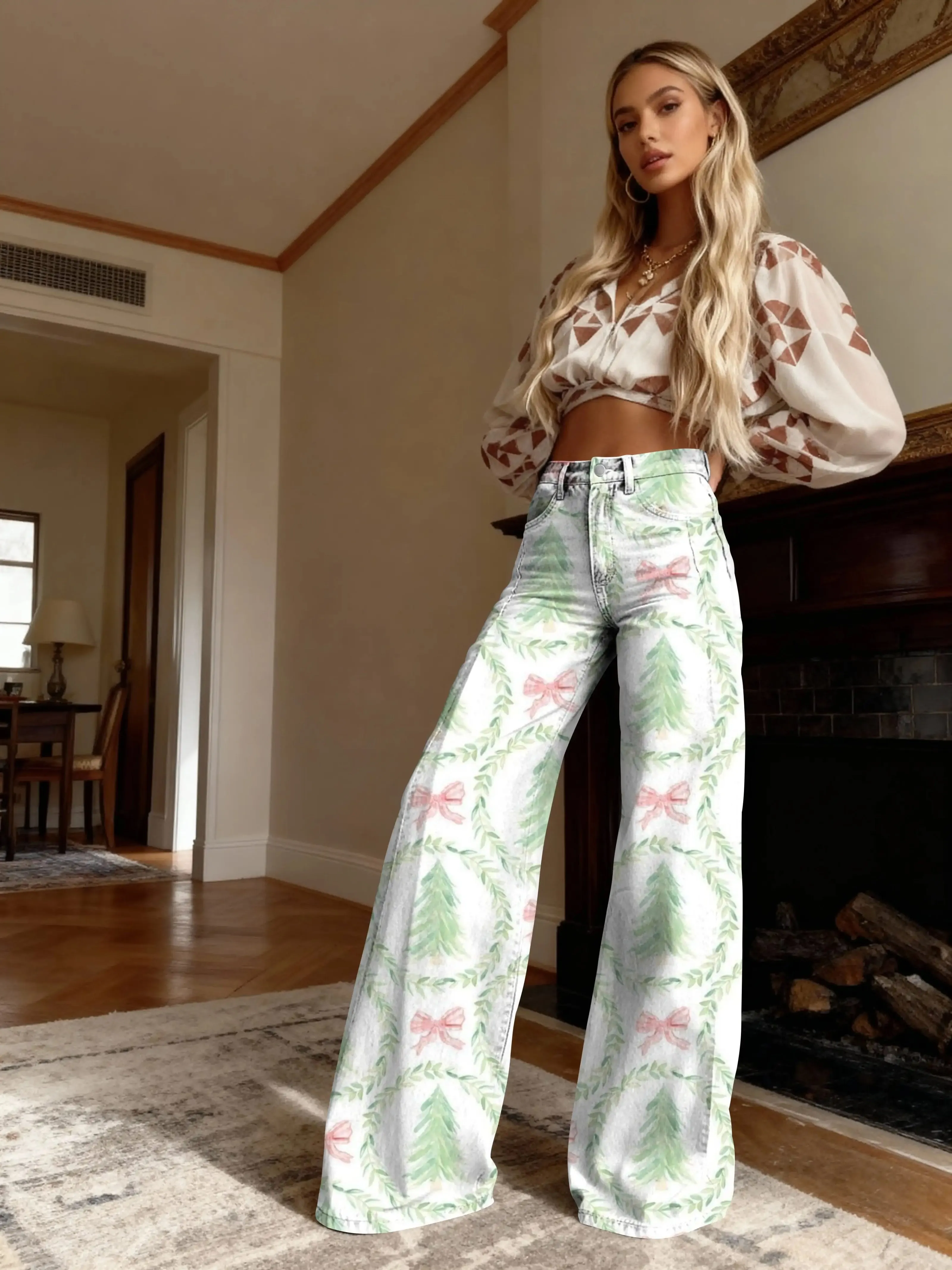 Women's slim fit wide leg flared pants, Full of Christmas elements! Women's loose flared imitation jeans
