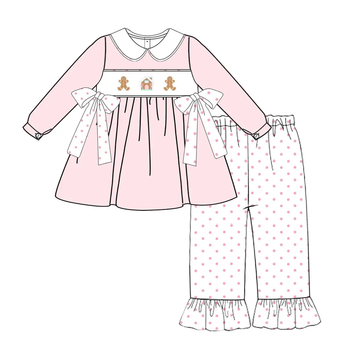 New Christmas-themed Cartoon Print Girls Pink and Boys Blue Long-sleeved Tops and Polka-dot Pants Boutique Set and Romper