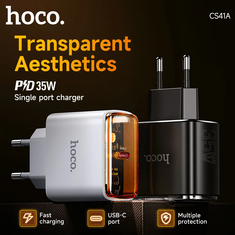 

HOCO Transparent PD30W EU Fast Charging Adapter For iPhone 15/14/13/12 Pro Max Type C PD Wall Travel Charger For Samsung S23/S24