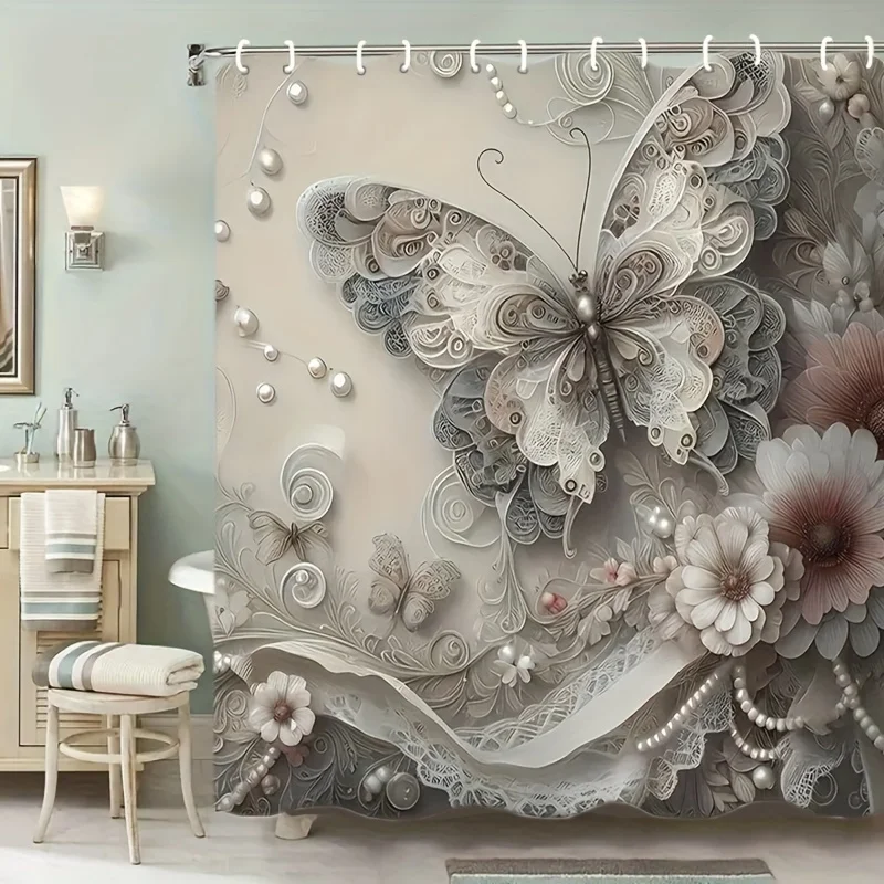 3D Embossed Lace Butterfly Pearl Floral Pattern Shower Curtain Waterproof Mildew Resistant Polyester Fabric With Plastic Hooks E