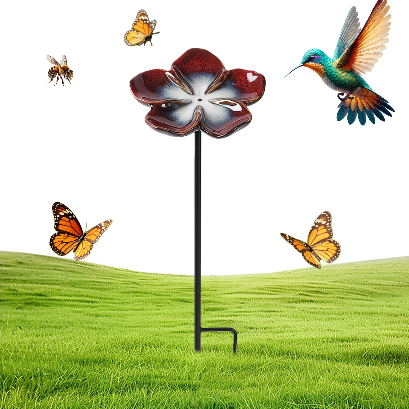 Ceramic Bee Butterfly Drinker Flower Shape Bowl Garden Stake Insect Watering Station Patio Decoration