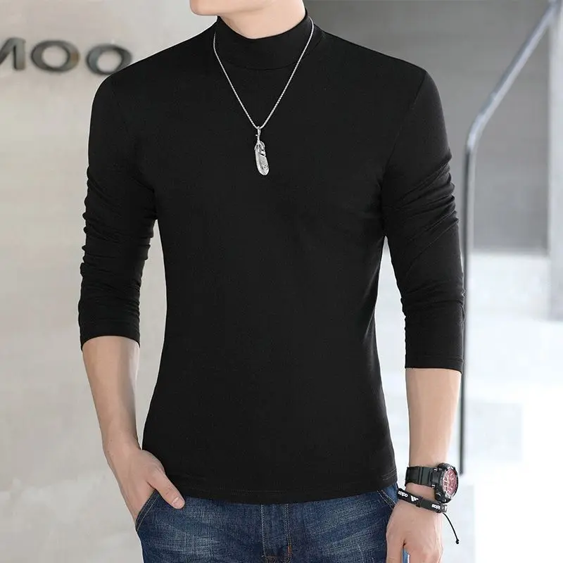 Casual Tees Turtleneck Long Sleeve T-Shirt Men's Plus Size 5XL Shirt Korean Spring Summer Solid  Half High Collar Bottom Shirt