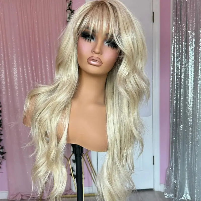 Ombre Icy Blonde Loose Wave HD Transparent Lace Front Wig With Bangs Realistic Hairline Wig For Women High Density Daily/Cosplay