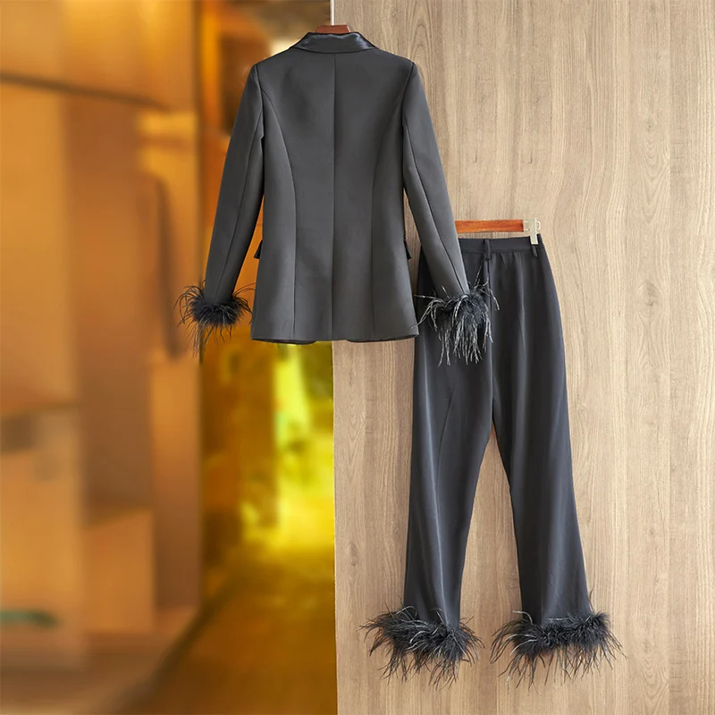 England Style Luxury Design Black Ostrich Feather Patchwork Street Women Pants Sets Quality Suits