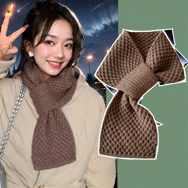 Korean Women Cross Scarf Solid Color Woolen Kint Scarves Fashion Girl Short Neckerchief Winter Windproof Warm Neck Collar Covers