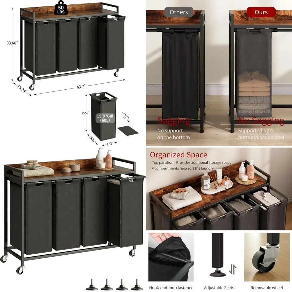 

4-секционная корзина для белья со съемными пакетами, выдвижной дизайн, подвижные колеса, металлический каркас, 4 x 60 л, коричневый в деревенском стиле + черный