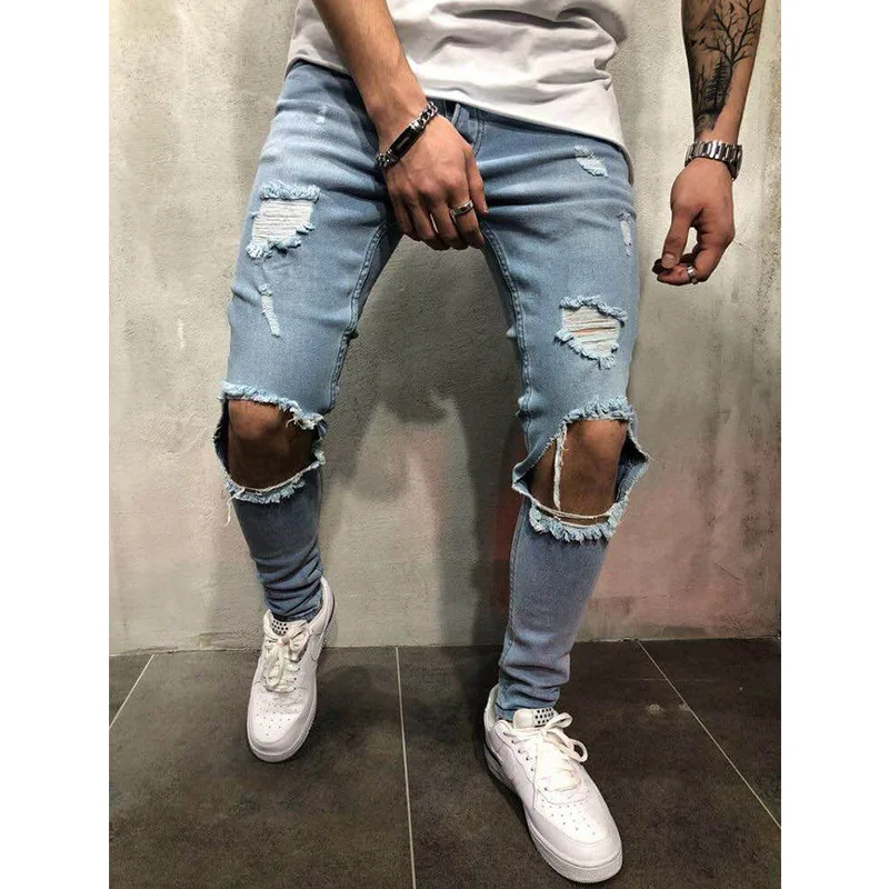 Spring 2024 Men's Trendy American Style Jeans Slim Fit Hole Repairing Denim Pants Youth Casual Low Waist Long Trousers