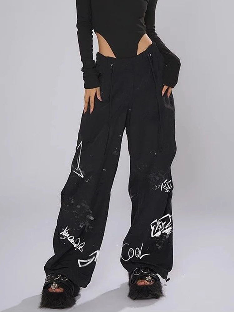 Zoki Y2K Hand Painted Cargo Pants Women High Waist Streetwear Black Trousers Vintage American Gothic Bf Dancing Paratrooper Pant