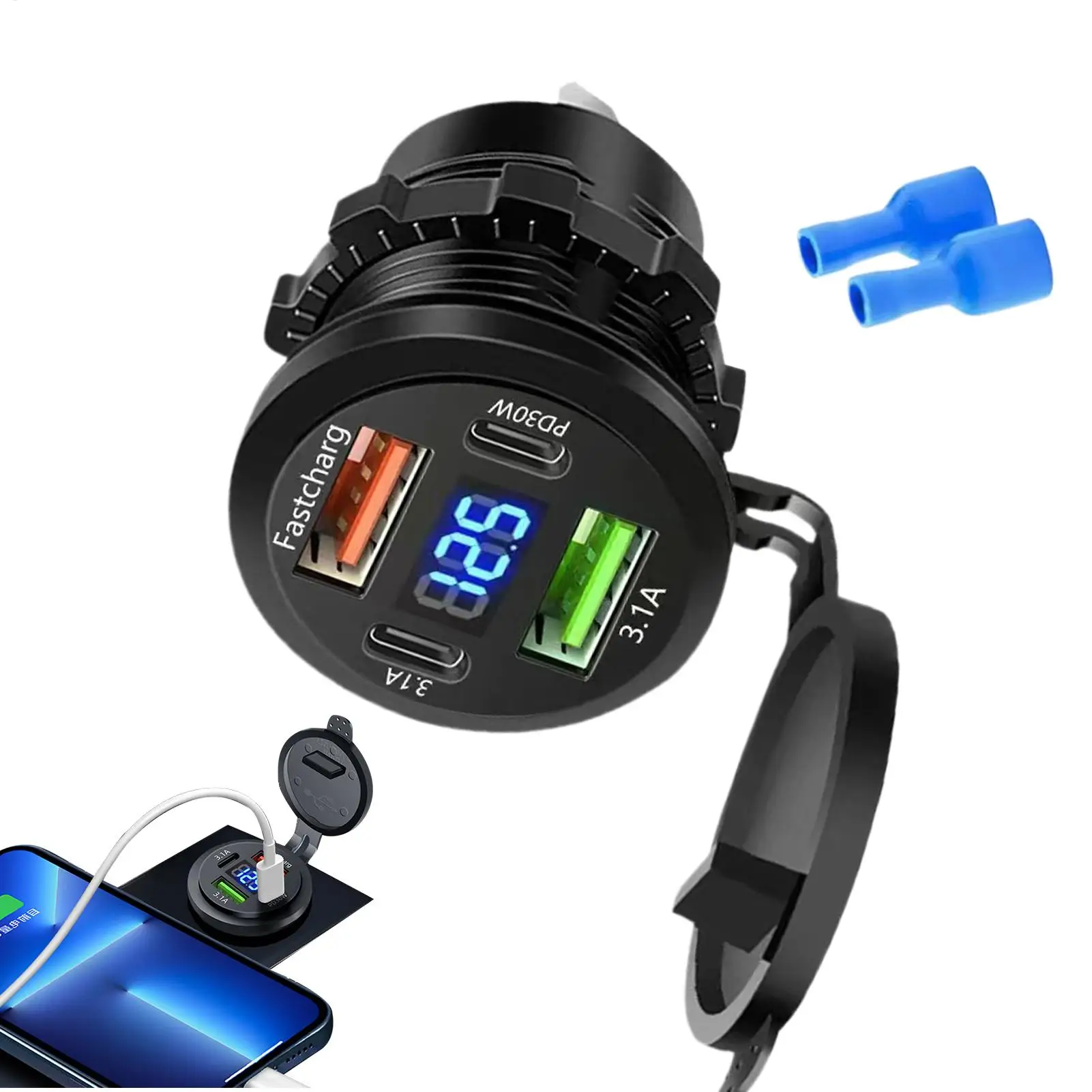 120W Multi Port Car Charger 4 Port Fast Charging Digital Display Vehicle Charger For Caravan Tablet Travelers Families Women Men