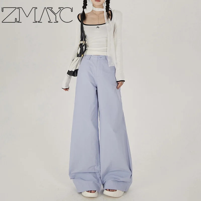 ZMAYC Women's Wide Leg Pants Women 2024 High Waist Fashion Long Pants Casual Pantalons Removable Hanging Sensation Straight Tube