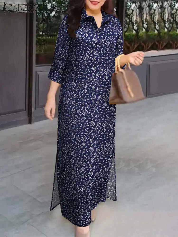 ZANZEA Women Side Slit Vestidos 3/4 Sleeve Turn-down Collar Casual Floral Printed Maxi Dress Autumn Daily Commute Shirtdress — zdjęcie 4