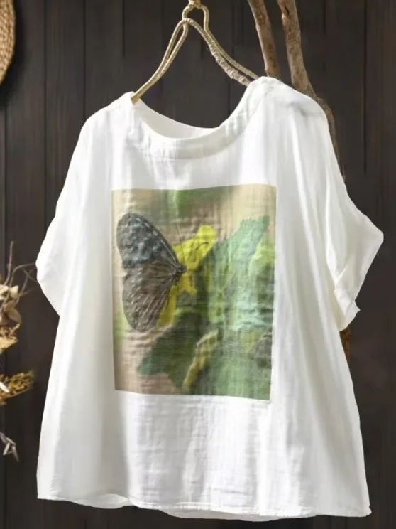 Summer New Loose Casual Pure Cotton ort Sve Overhead irt Women's Artistic Printed Top Faionable Versatile ort Sle