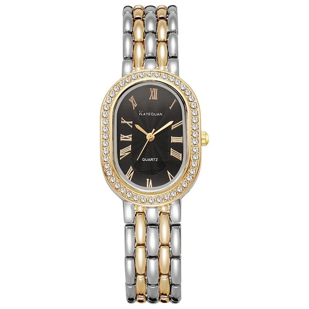 Oval Dial Women's Quartz Watch Minimalist Rhinestone Encrusted Ladies Wristwatch Adjustable Quartz Movement Vintage Female Clock