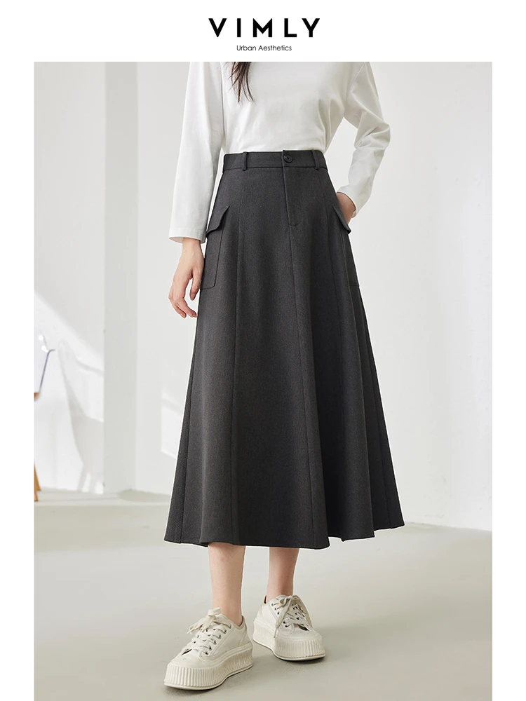 Vimly Dark Grey Elegant A-line Midi Skirt 2024 Spring New Office Lady Side Pockets Elastic Waist Fishtail Skirts Clothing M5273