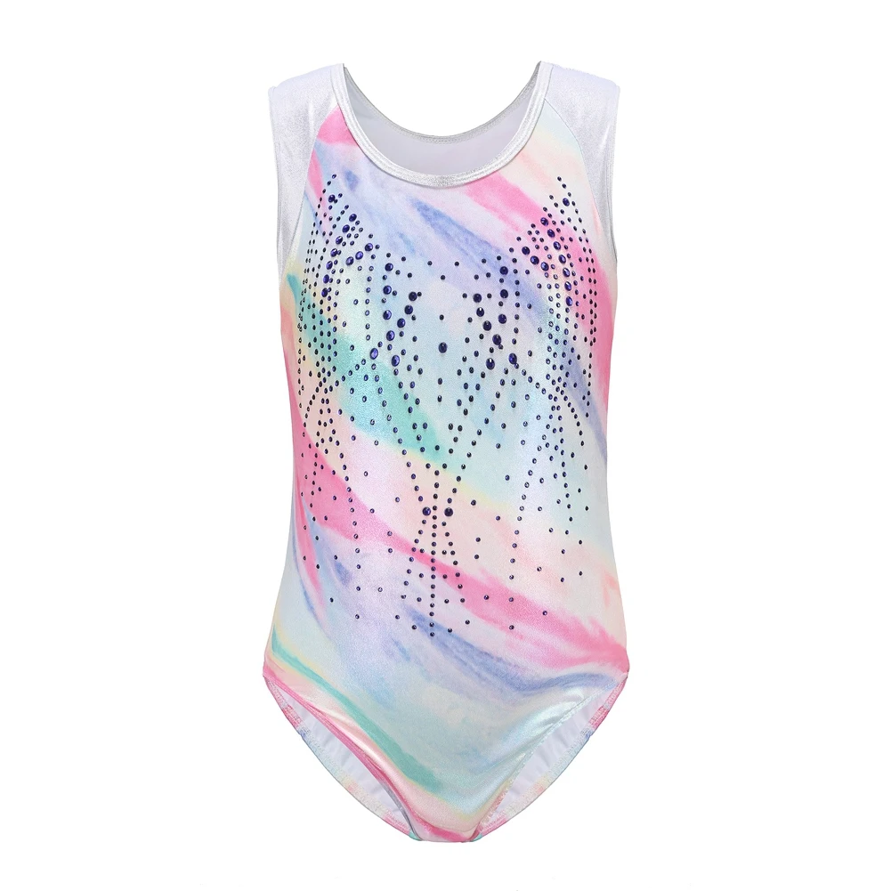 Girls Gymnastics Leotards Rainbow Color Bronzing Sleeveless Dancewear  Athletic Ballet Dance Bodysuit For Kids 5-14 Years