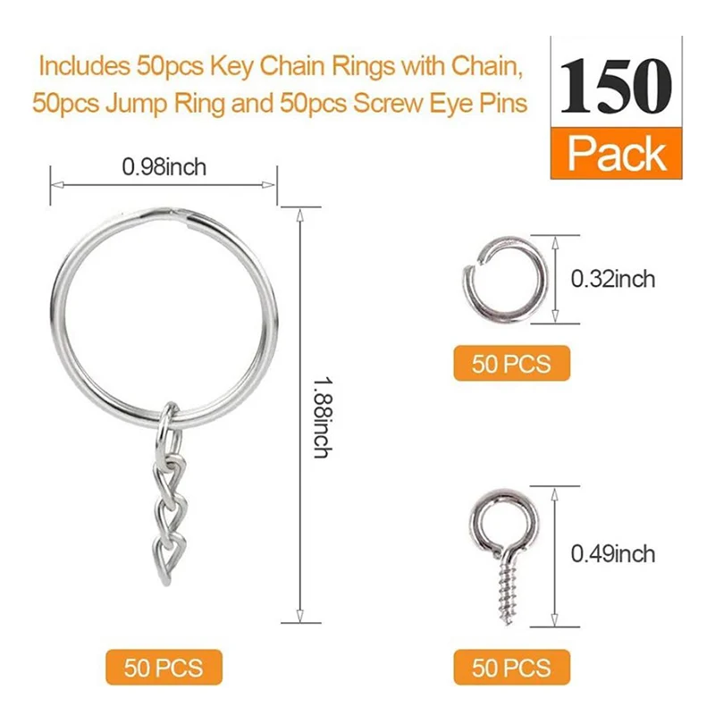 New#150Pcs Key Ring With Chain Split Jump Rings With Screw Eye Pins DIY Keychain