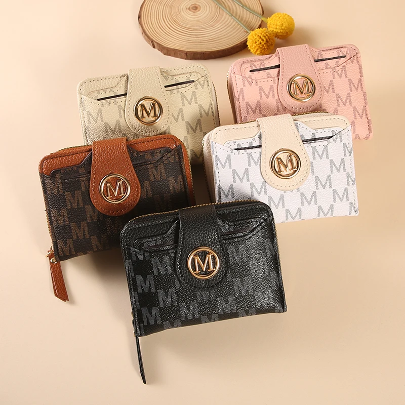Women Short Zipper Wallet, Vintage M Letter Monogram PVC Purse, Multi Card Slots Small Coin Pocket Ladies Clutch Wallet