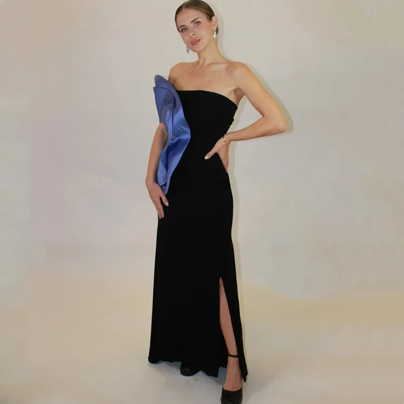 Robe de Soirée en Satin Noir, Personnalisée, Sans Bretelles, Sexy, Fente Latérale, Simple, Dos aux, Formelle