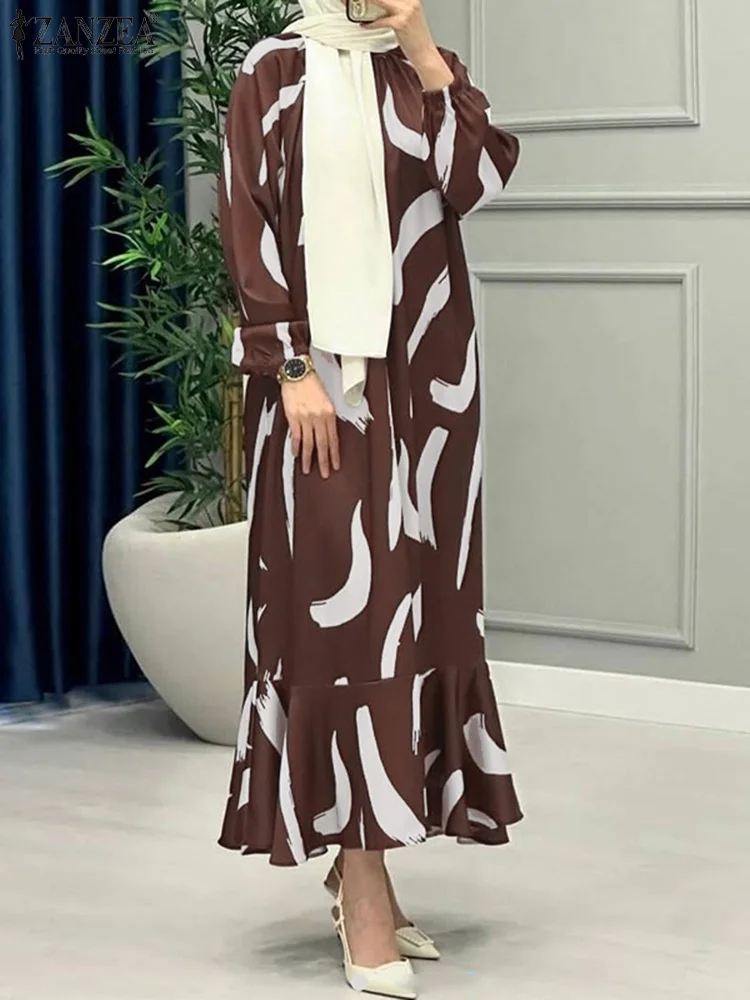 

2025 ZANZEA Women Muslim Fashion Dresses Abaya Ramadan Hijab Sundress Robe Femme Long Sleeve Fishtail Dress Printed Vestidos