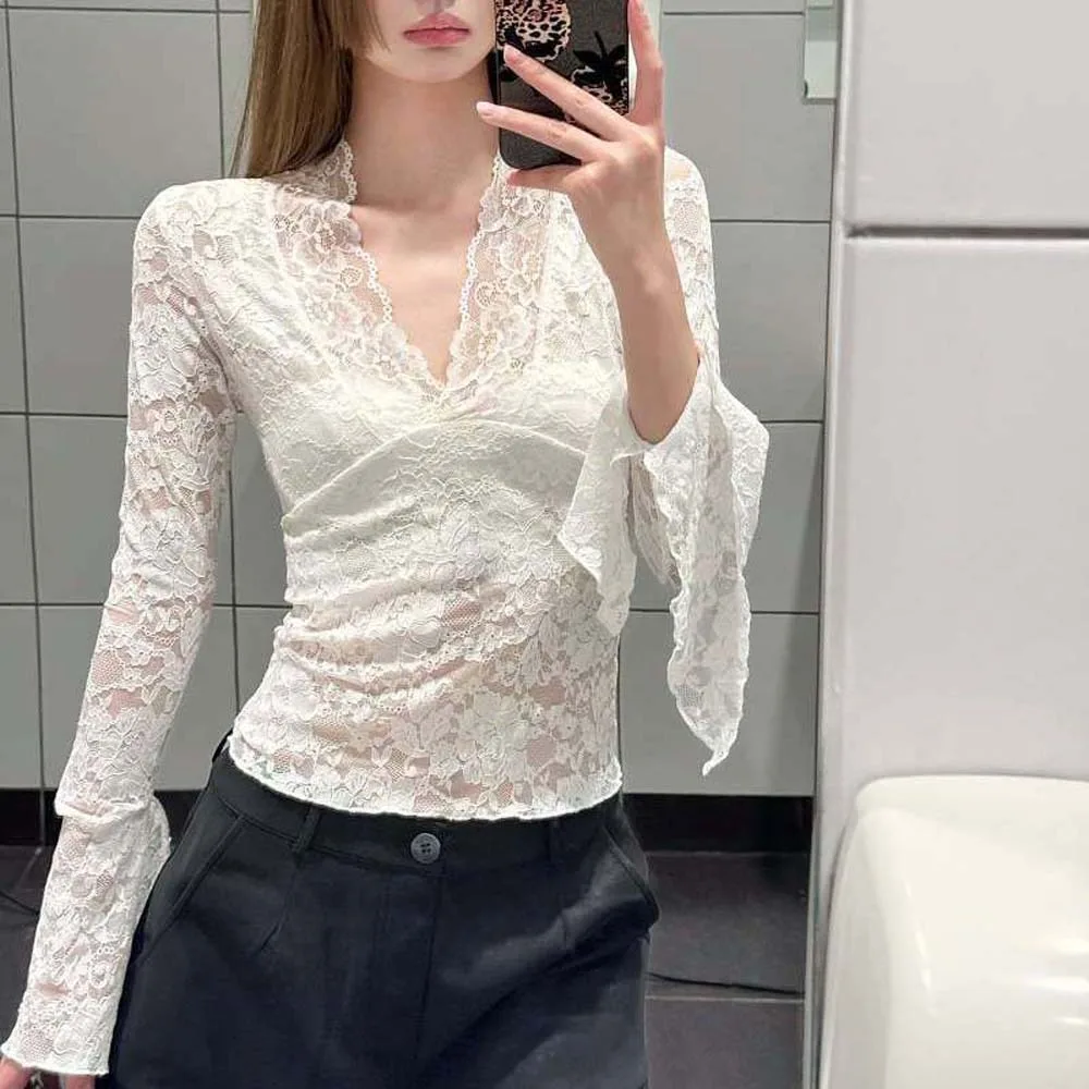 

Low Collar Lace Bottomed Blouse Spicy Girl Outfit Hollow Thin Slim Fit Top See-Through V-neck Undershirt Long Sleeve Mesh Top