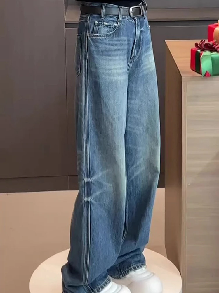 

High Waist Straight Leg Loose Fit Blue Jeans Women's Spring New Sle Retro Hong Kong Sle Versatile Dragging Floor Slimming