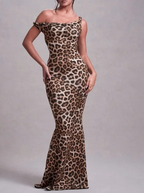 Été nouvelle grande taille une épaule imprimé léopard minceur enveloppement corps longue Dr femmes sangle Dr jupe Midi h-ape Sle