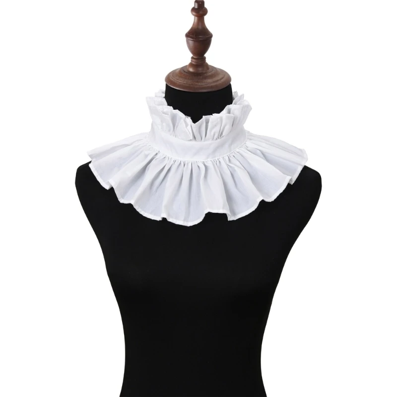 Women Elegant Ribbon Tie Ruffled Detachable False Collar Victorian Vintage Stand Neck Ruff Pleated Shawl Capelet for Party